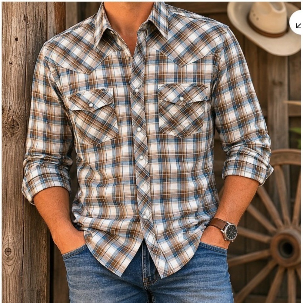 Wrangler Retro Premium Plaid Pearl Snap Western Shirt Men XXL Brown Rugged Rodeo